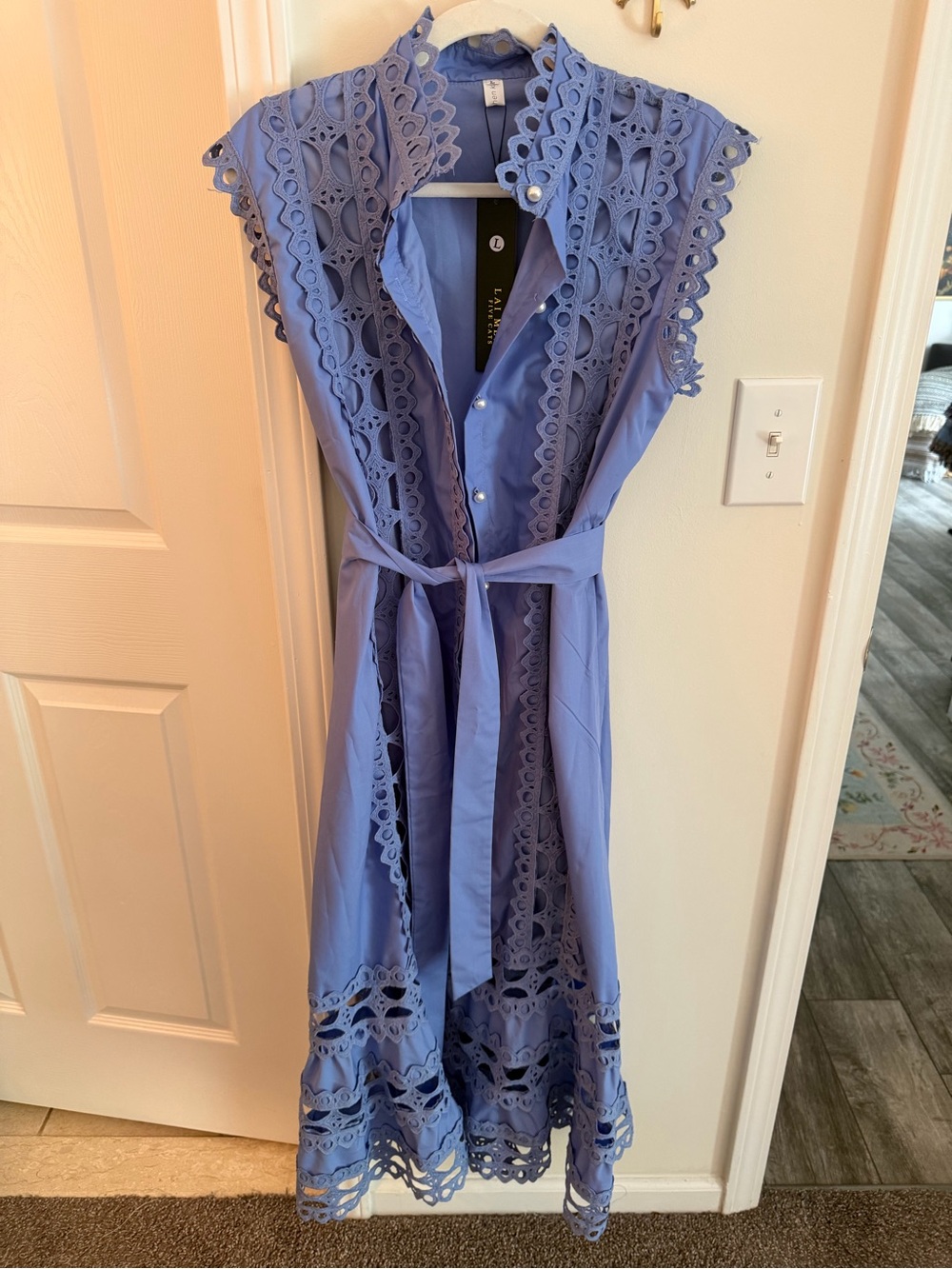 Blue eyelet cutout trim pearl button shirt dress
